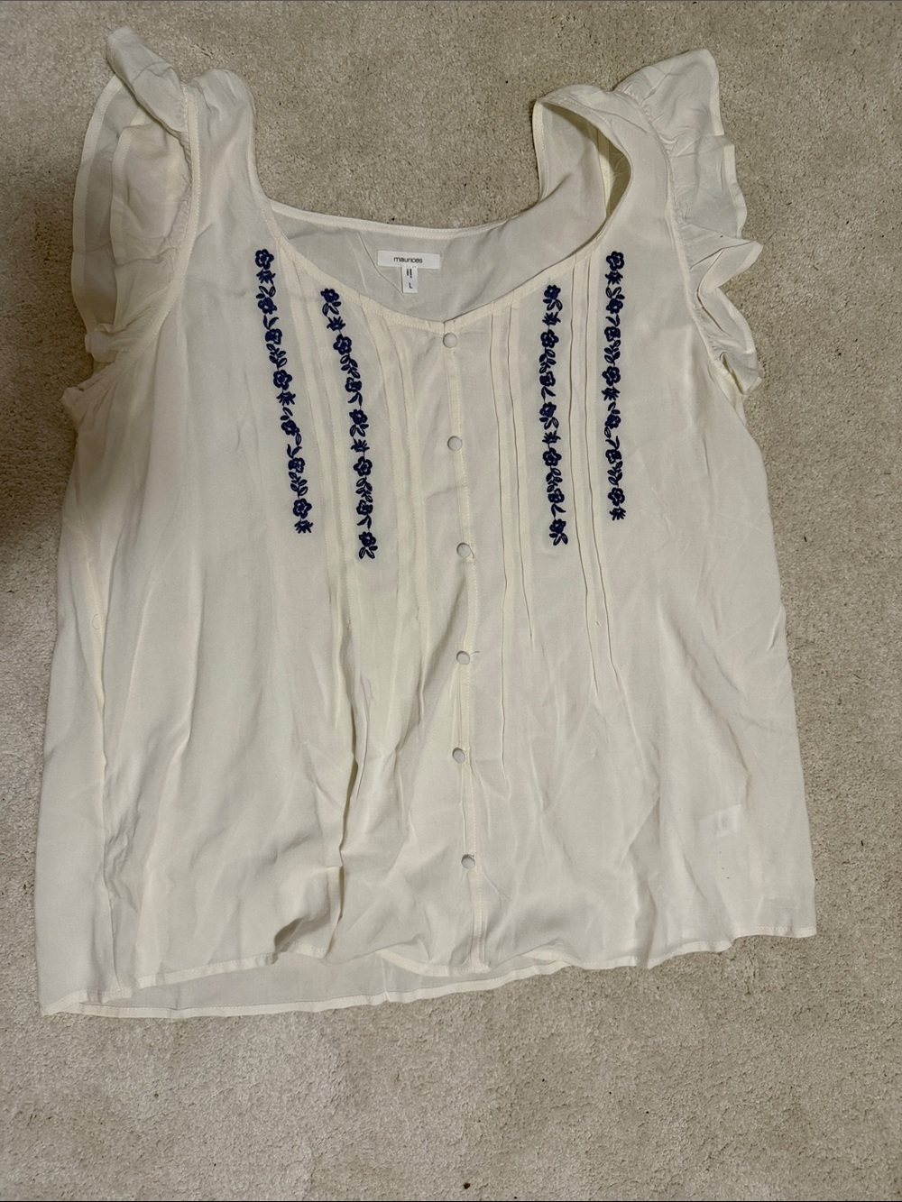 Maurices Cream Blouse with Navy Floral Embroidery and Ruffle Sleeves